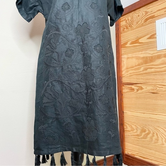 Madewell Black Linen Blend Embroidered Floral Tassel Shift Dress Extra Small - Picture 6 of 10